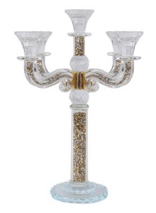 Crystal Candelabra 5 Branch Classic Style Designed with Gold Colored Crushed Glass and Crystal Balls 15.5"