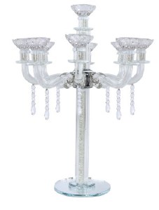 Crystal Candelabra 9 Branch Royal Style Designed with Crushed Glass and Hanging Crystals 18.5"