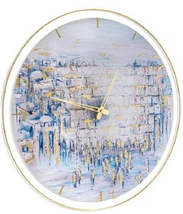 Lucite Kosel Clock Painted Artwork Blue Gold 20"