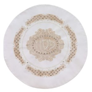 Round Leather Matzah Cover Embroidered Elegant Design 1 Compartment White 17.5"