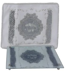Glass Challah Board and Cover 2 Piece Set Silver Filigree Design Small Size White