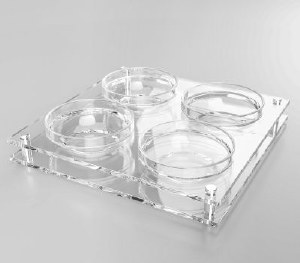 Acrylic Square Dip Dish 4 Sectioned Adorned with Silver Plates and Legs 10.5"