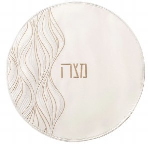 Faux Leather Round Matzah Cover Squiggle Lace Design White Gold 19"