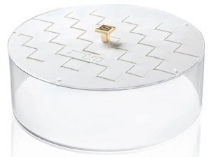 Lucite Round Matzah Box Woven Design Gold 13.75"