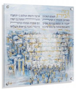 Floating Lucite Birchas Habayis Hebrew Wall Hanging Hand Painted Kosel Artwork by Yosefa Blue 14" x 14"