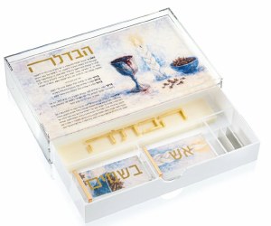 Lucite Painted Havdallah Gift Box Drawer Set Hebrew Ashkenaz Havdallah Scene Gold