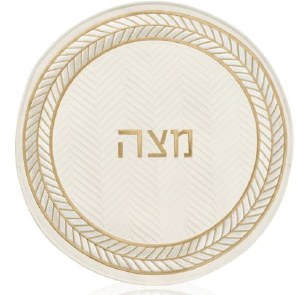 Faux Leather Round Matzah Cover Herringbone Design Cream Gold 19"