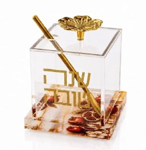 Lucite Square Honey Dish with Spoon and Tray Painted Pomegranate Design Gold 3.5"