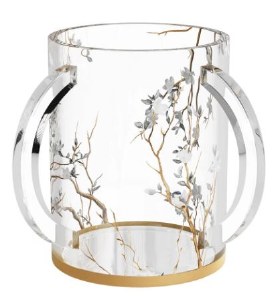 Lucite Washing Cup Botanical Blooms Design Gold 5.5"