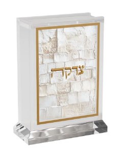 Lucite Leatherite Tzedakah Box Serene Kosel Artwork Gold