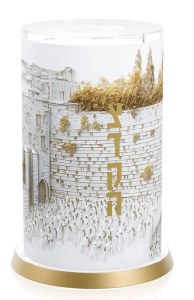 Lucite Round Tzedakah Box Elevated Stone Kosel Design Gold 5"