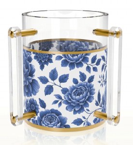 Lucite Round Washing Cup Maison Bloom Design Gold Blue 5.5"