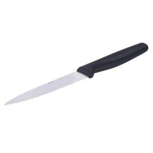 Black Kosher Kitchen Knife Razor Sharp Point Tip Serrated Blade 4"