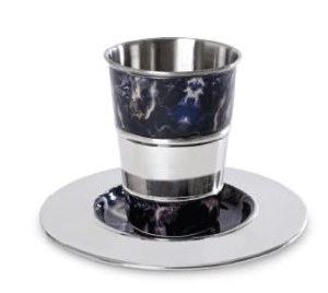 Stainless Steel Kiddush Cup and Tray Set Black Marble Design 5 oz