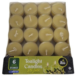 Olive Oil Tea Light Candles in Clear Cups 6 Hour Burntime 40 Pack
