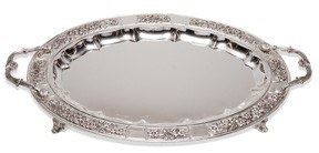 Silver Plated Oval Tray with Handles Floral Designed Border 16" x 12"