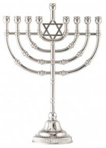 Traditional Candle Menorah with Silvertone Finish Featuring Magen David 9"