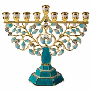 Metal Jeweled Menorah Tiered Tree Design Teal Gold 7"