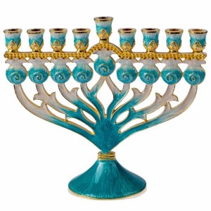 Metal Jeweled Menorah Spirals Design Teal Gold 6.5"