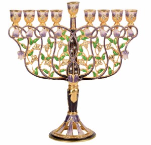 Metal Candle Menorah Enamel Jeweled Tree Of Life Theme 8&quot;