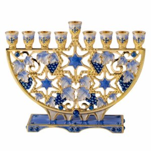Metal Jeweled Menorah Starlit Leaves Design Blue Gold 5.75"