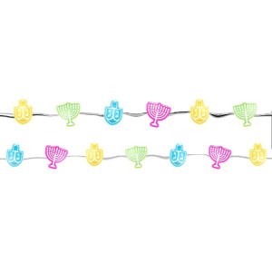 Mini Hanukkah String Lights Dreidel and Menorah Design Multi Color Battery Operated 14'