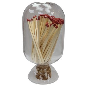 Glass Cloche Matches Holder with Red Tip Matches Clear 6"