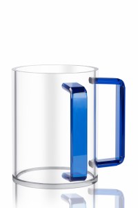 Round Lucite Wash Cup Colored Rectangle Handles Dark Blue 5"