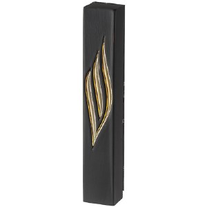 Polyresin Mezuzah Case Rectangle Shape Smooth Stone Look Gold Shin Black 20cm