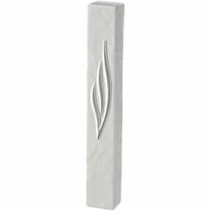 Polyresin Mezuzah Case Rectangle Shape Textured Stone Look Silver Shin White 15cm
