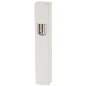 Polyresin Rectangle Mezuzah Case Silver Shin Accent White 12cm