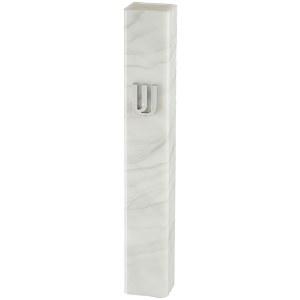 Perspex Mezuzah Case Stone Look Design Embossed Silver Shin White Marble 12cm