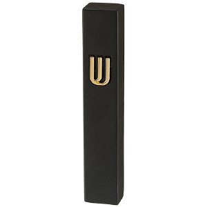 Polyresin Rectangle Mezuzah Case Gold Shin Accent Black 12cm