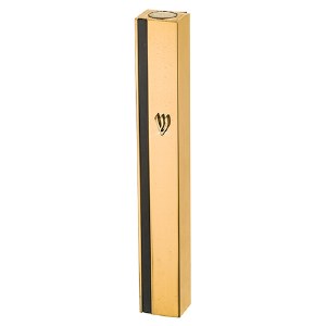 Aluminum Rectangle Mezuzah Case Gold Accent Black Stripe Design with Gold Shin 15cm