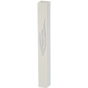 Plastic Mezuzah Case Slim Rectangle White with Silver Shin Accent 12cm