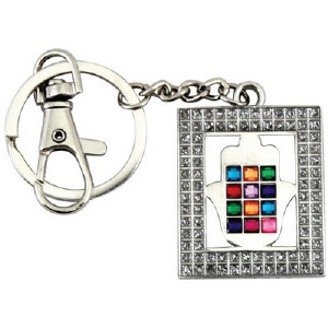 Key Chain with White Framed Hamsa and Colorful Choshen Stones