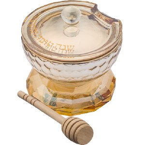 Crystal Honey Dish Beveled Design on Base with Wooden Dipper 2.8"