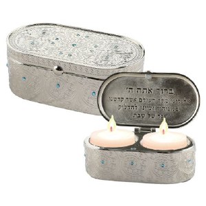 Nickle Travel Candlesticks for Tea Lights in a Box Filigree Design with Blue Stones