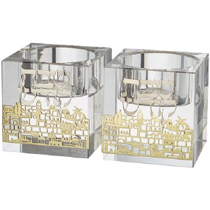 Crystal Rectangle Tealight Candle Sticks Lasercut Metal Plates Jerusalem Design Gold 2"