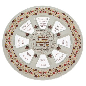 Glass Simanim Plate for Rosh Hashana Pomegranate Design 13.8"