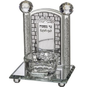 Crystal Yahrtzeit Memorial Candle Holder Square Base Crushed Glass Filled Stems Accent