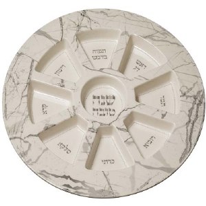 Polyresin Simanim Plate for Rosh Hashana Hebrew Marble Design Beige 13.8"