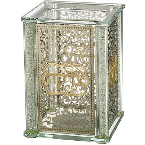 Crystal Tzedakah Box Floral Design Plates Crushed Glass Filled Stems Gold 5"