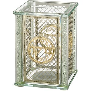 Crystal Tzedakah Box Diamond Shape Design Plates Crushed Glass Filled Stems Gold 5"