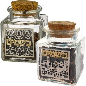 Glass Square Besamim Holder Cork Top with Metal Designed Plaque Assorted Designs Single Piece 2.4"