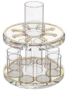 Lucite Round Kiddush Wine Fountain Gold Accent Large Kiddush Cup with 8 Small Cups 8.3"