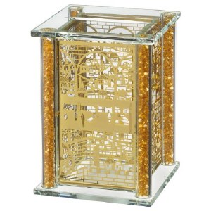 Crystal Tzedakah Box Jerusalem Designed Plates Crushed Glass Filled Stems Gold 5"
