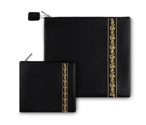Tallis and Tefillin Bag Set Faux Leather Snakeskin Design Vertical Embroidered Line Black Gold