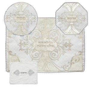 Pesach Set Velvet and Brocade 4 Piece Floral Design Off White Brown