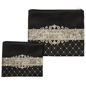 Tallis and Tefillin Bag Set Faux Leather Black and Cream Diamond Shape Design